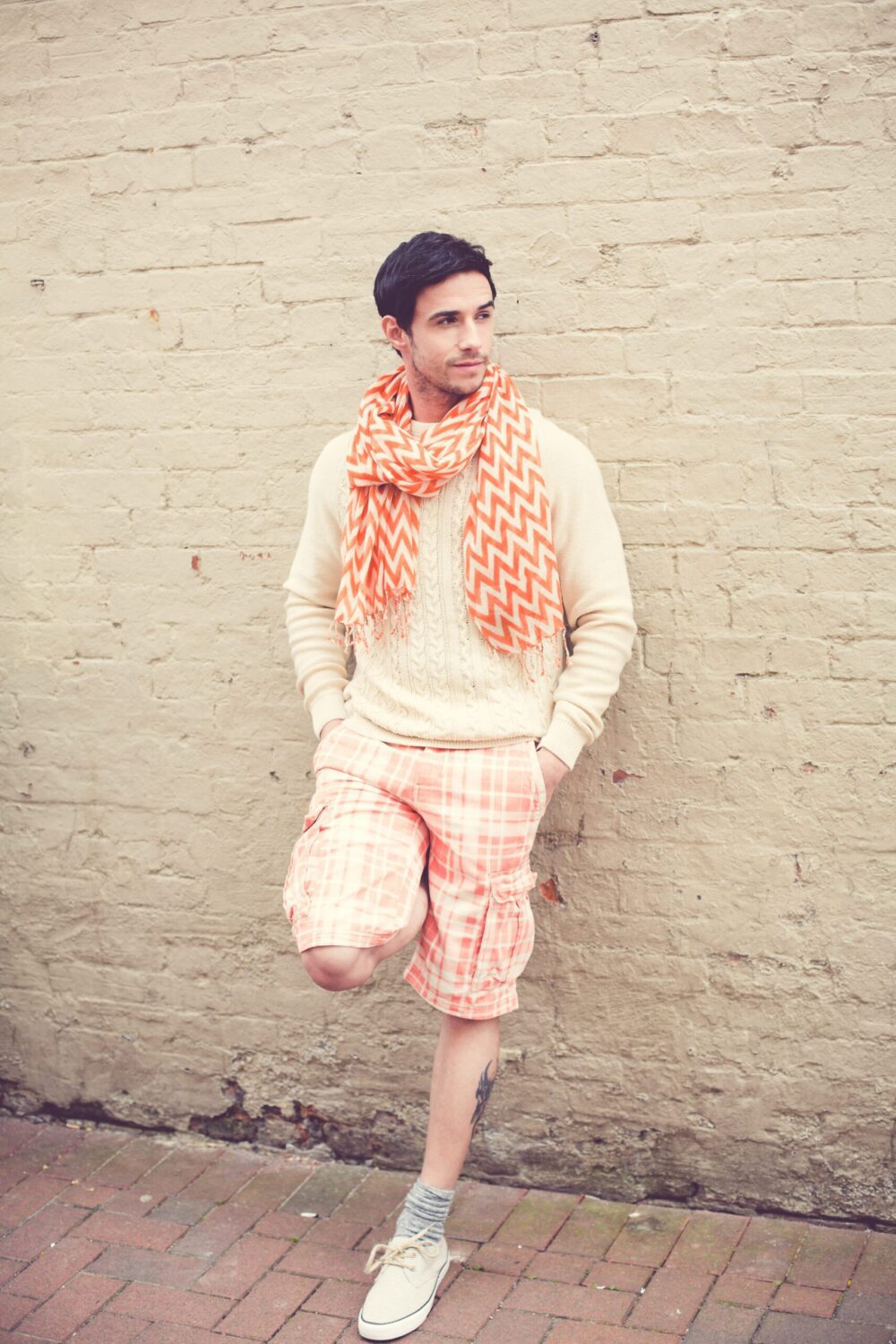 Orange Bright chevron print scarf, 100% Wool